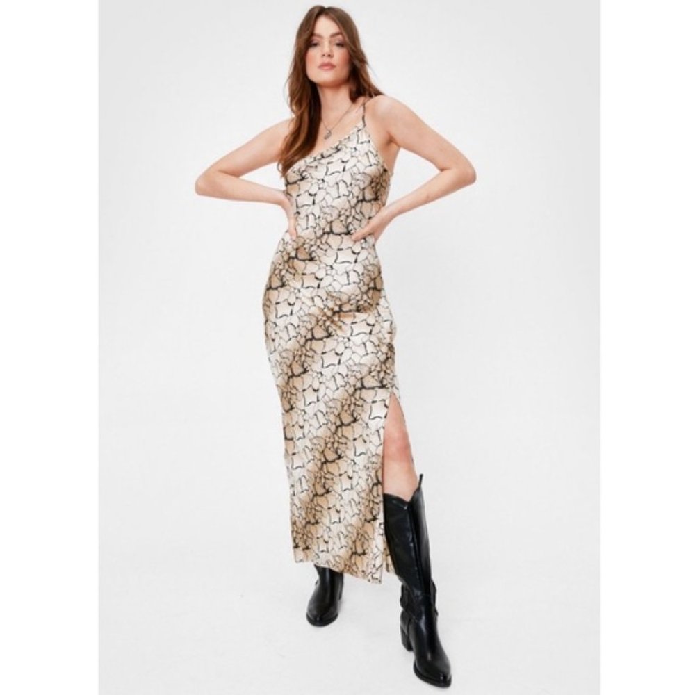 Nasty Gal Abstract Satin One Shoulder Maxi Dress NWT